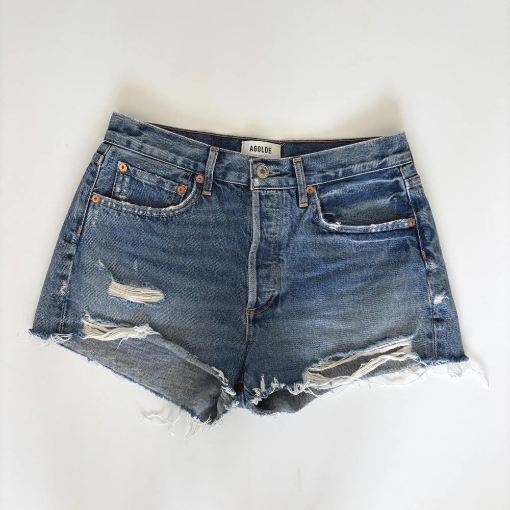 AGOLDE Parker Jean Shorts Vintage Cut Off Distressed Denim Blue Size 28 Cotton
